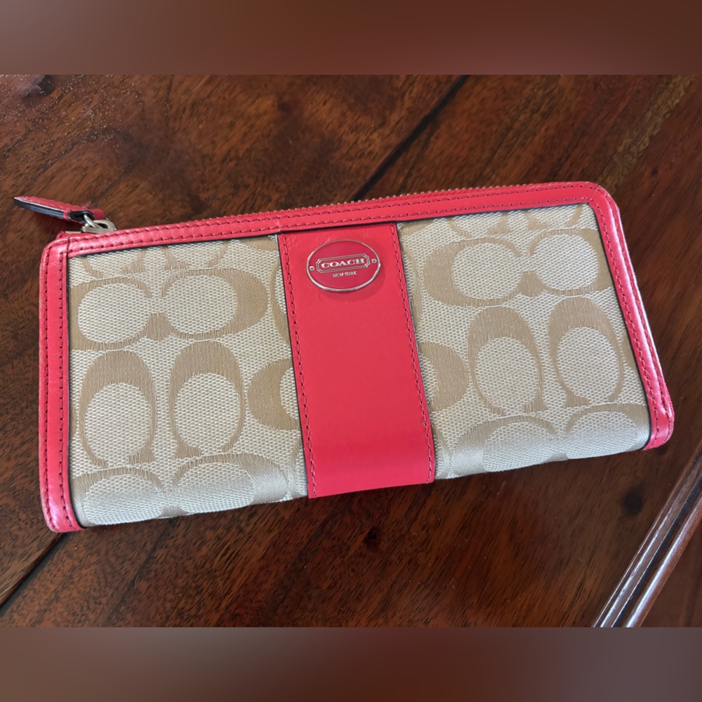 Coach Tan Canvas Wallet with Pink Trim